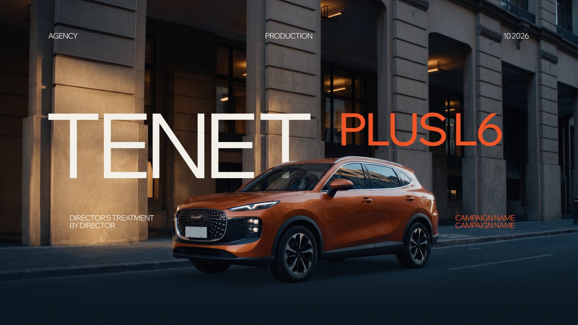 TENET treatment cover: an orange Tenet Plus L6 in front of a stone building at dusk